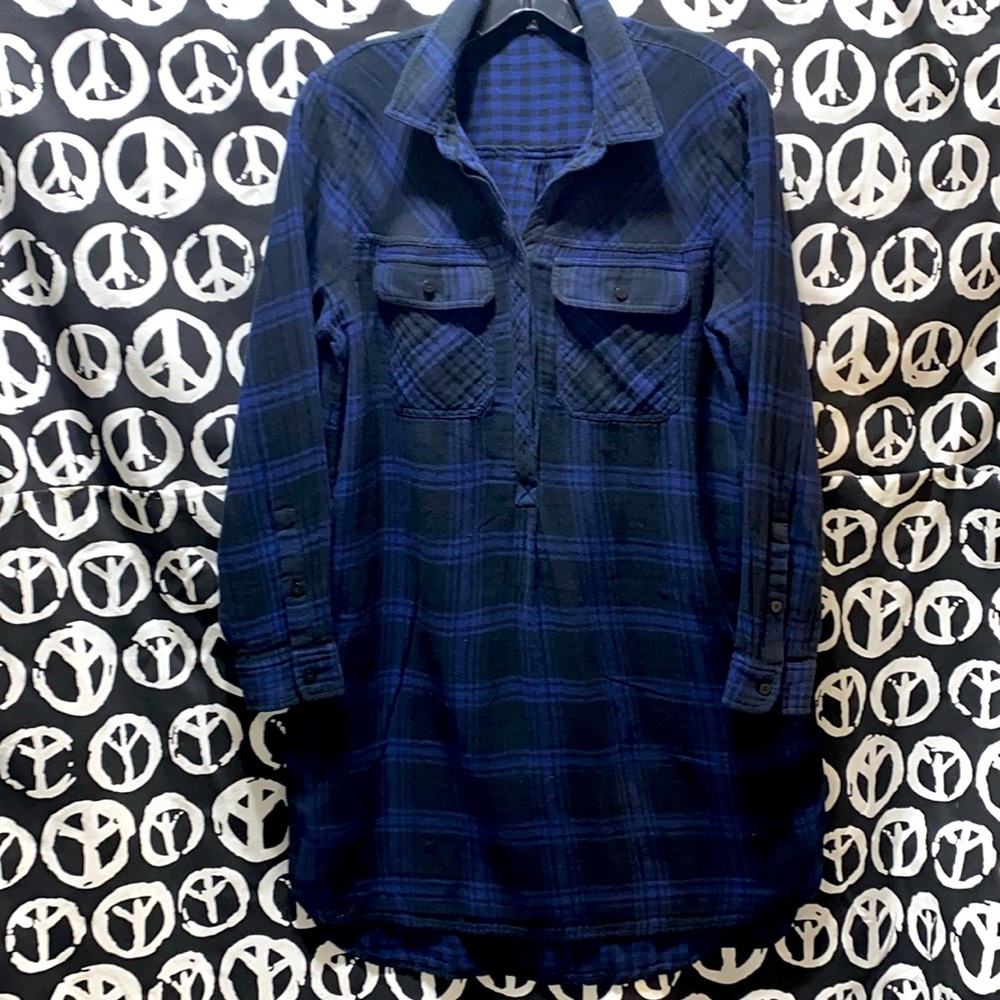 MADEWELL COTTON FLANNEL PLAID BLUE/BLACK HENLEY BUTTON TUNIC DRESS SZ M